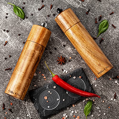 Wooden Salt and Pepper Grinder Set, Acacia Wood Salt and Pepper mills set, Salt and Pepper Grinders Refillable, 8 inches Sea Salt and Black Pepper Mill Set, Adjustable Shakers, Natural Slate Stand