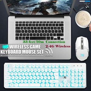 Gaming Keyboard and Mouse,Soke-Six 2.4G Wireless Retro Punk Typewriter-Style Backlit Keyboard Mice Combo,4800mAh Battery,Mechanical Feel,Anti-ghosting,Crystal Panel Round Keycaps (White+Blue Light)