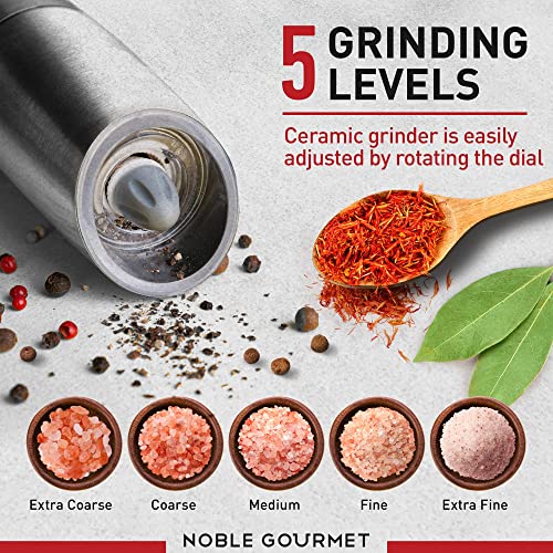 Electric Salt and Pepper Grinder Set - Pack of 2 - Automatic Rechargeable Mills - Refillable Gravity Shakers - Premium Gift Box - Adjustable Ceramic Grind for Black Peppercorn - No Battery Operated
