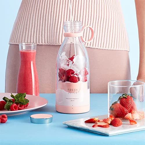 Portable Blender, Personal Size Blender, Battery Powered USB Blender, Wireless Charging with Four Blades, Mini Blender Travel Bottle for Juice, Shakes, and Smoothies. (Pink)